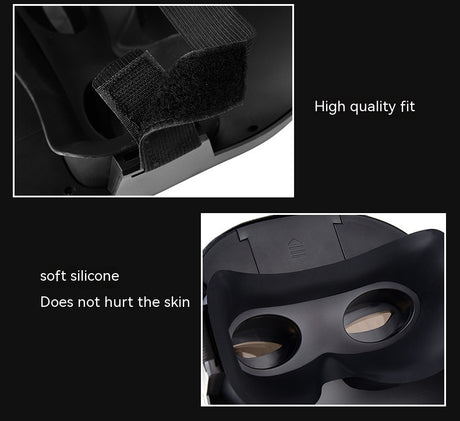 Rear detail views showing black strap, fastening patch and eye openings