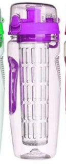 Clear infuser water bottle with purple lid and side grip, front view
