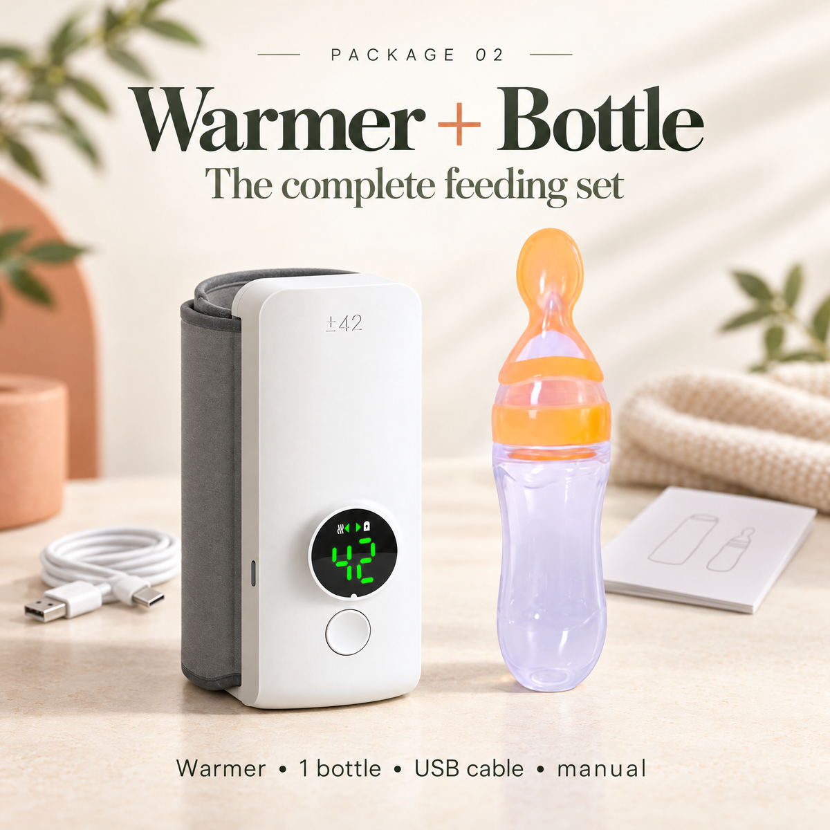 White bottle warmer with grey wraparound sleeve beside a clear bottle with an orange top, a coiled cable, and a booklet.