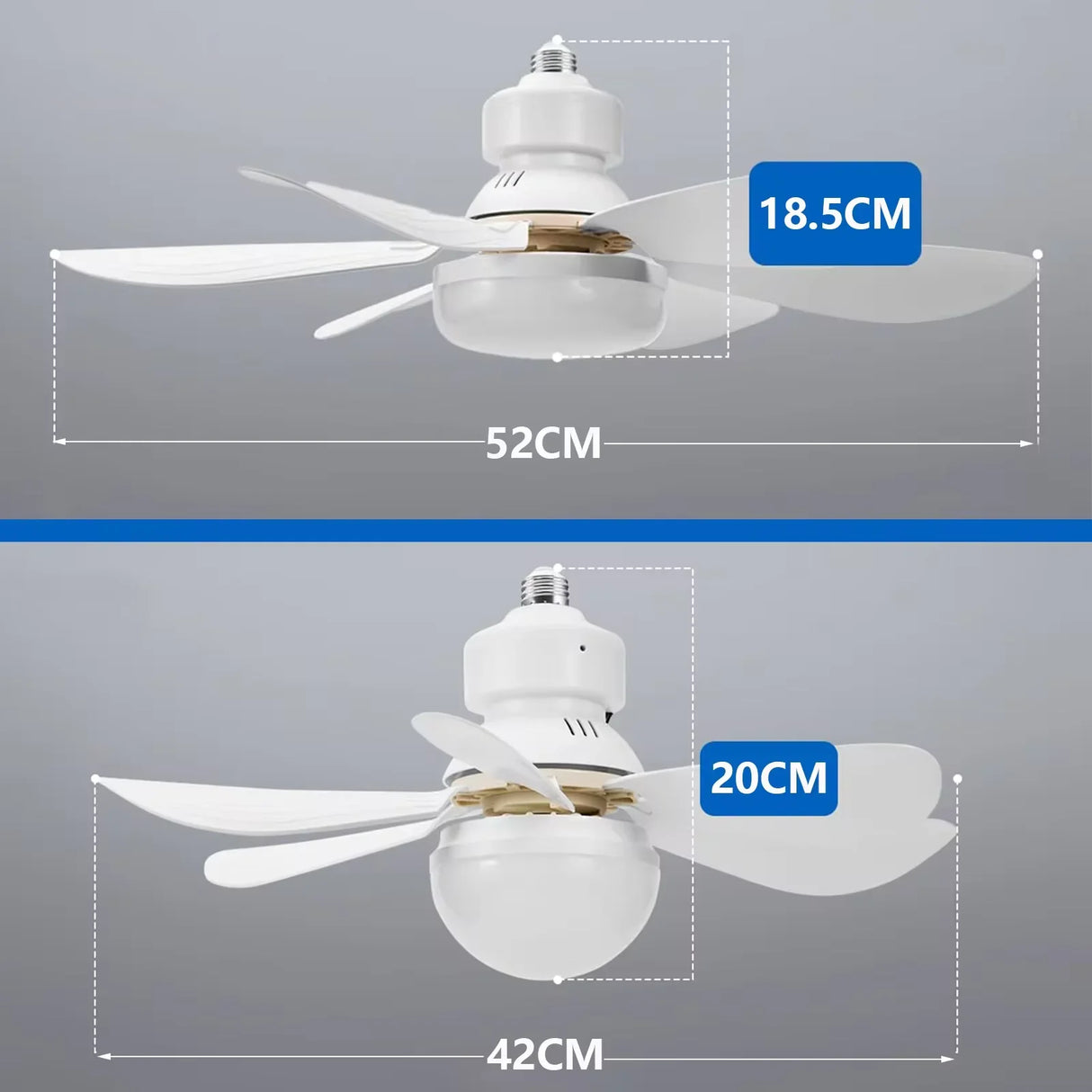 Dimension diagram showing 52 cm and 42 cm widths, 18.5 cm and 20 cm heights