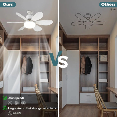 Ours versus others ceiling fan light comparison in a walk-in wardrobe