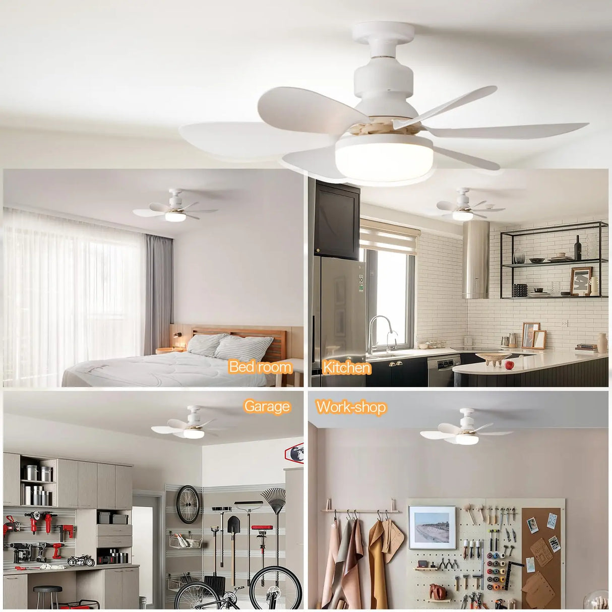 White ceiling fan light shown in bedroom, kitchen, garage and workshop settings