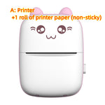 Pink mini printer with text: Printer plus one non-sticky paper roll