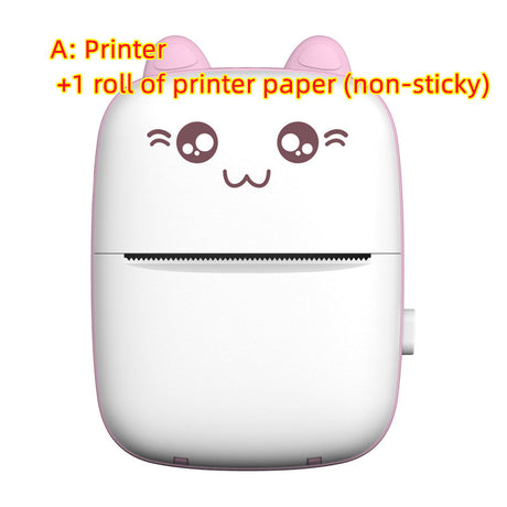 Pink mini printer with text: Printer plus one non-sticky paper roll