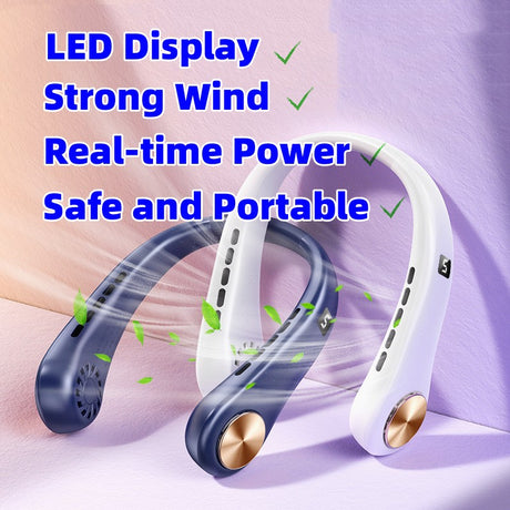 Navy and white neck fans with LED display feature text and airflow graphics