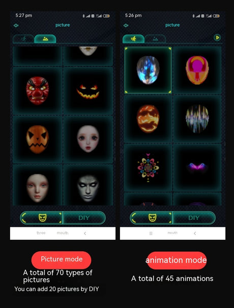 Two app screens showing mask graphics, picture mode and animation mode labels