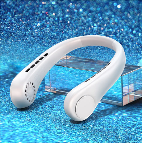 White neck fan with matching side button on blue glitter surface