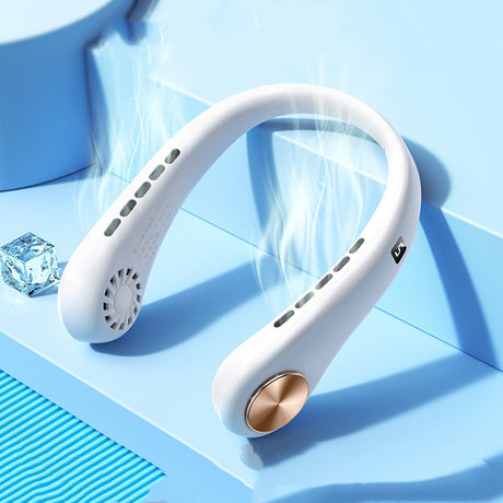 White rechargeable neck fan on pale blue set with ice cube prop