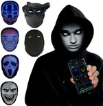 Hooded wearer with white LED face display, phone app and extra mask views