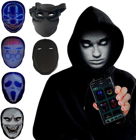 Hooded wearer with white LED face display, phone app and extra mask views