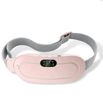 Pink heated waist belt with a grey adjustable strap and digital display on a white background.