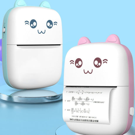 Blue and pink mini printers, one printing a maths sheet