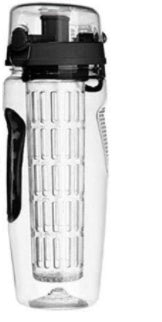 Clear infuser water bottle with black lid and side grip, front view