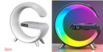 Split view of white and multicolour G-shaped lamps, each with red “2pcs” text