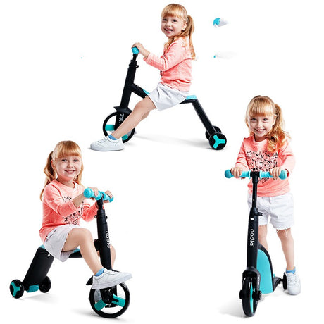 Child sitting, standing and riding a black and blue three-wheel scooter