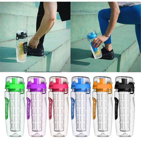 Collage showing fruit infuser bottles in use and six lid colour options