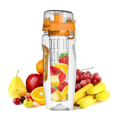 Orange-lidded fruit infuser bottle standing in front of assorted fruit