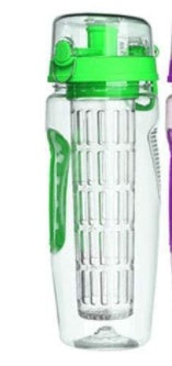 Clear infuser water bottle with green lid and side grip, front view