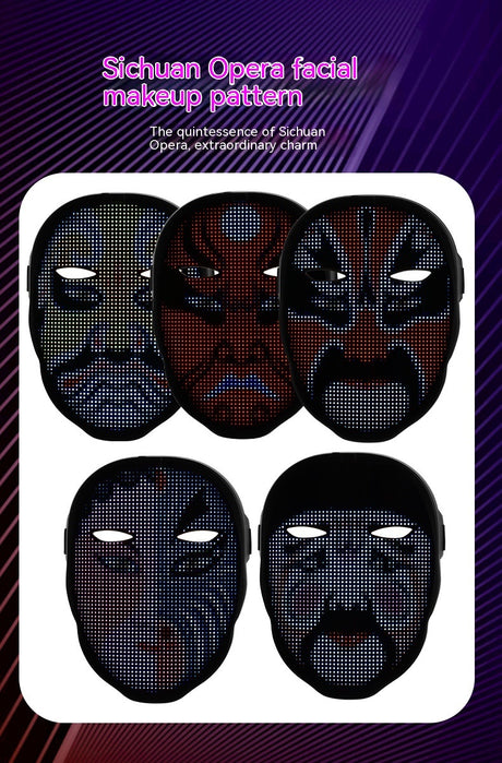 Five LED face masks with red, blue and white opera-style patterns