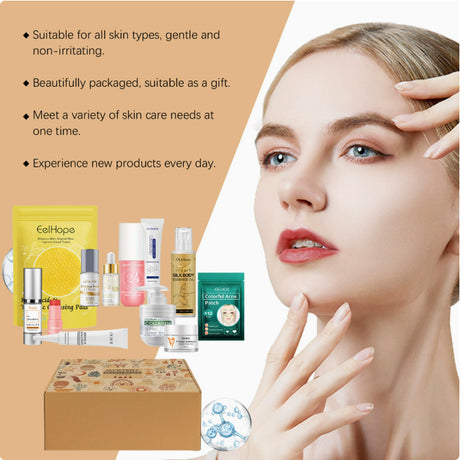 Assorted beauty products and mystery box beside a model face and feature text
