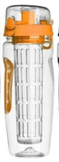 Clear infuser water bottle with orange lid and side grip, front view