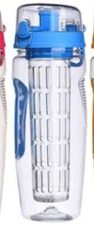 Clear infuser water bottle with blue lid and side grip, front view