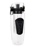 Clear fruit infuser water bottle with black lid and large side grip