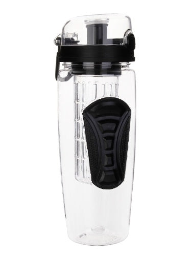 Clear fruit infuser water bottle with black lid and large side grip