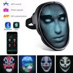Black LED Halloween Face Mask with blue face display, app icons and sample designs