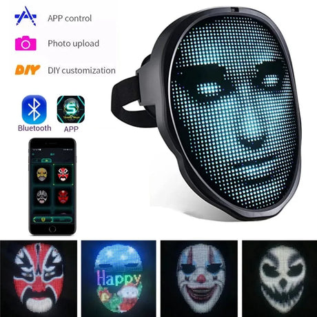 Black LED Halloween Face Mask with blue face display, app icons and sample designs