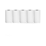Five plain white printer paper rolls on a white background