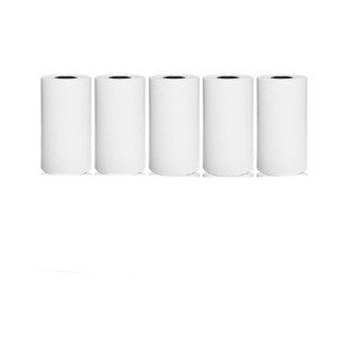 Five plain white printer paper rolls on a white background