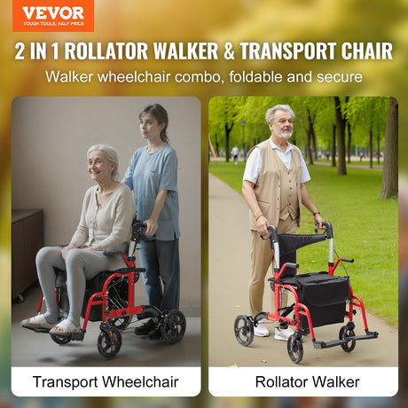 Split graphic showing transport wheelchair and rollator walker modes