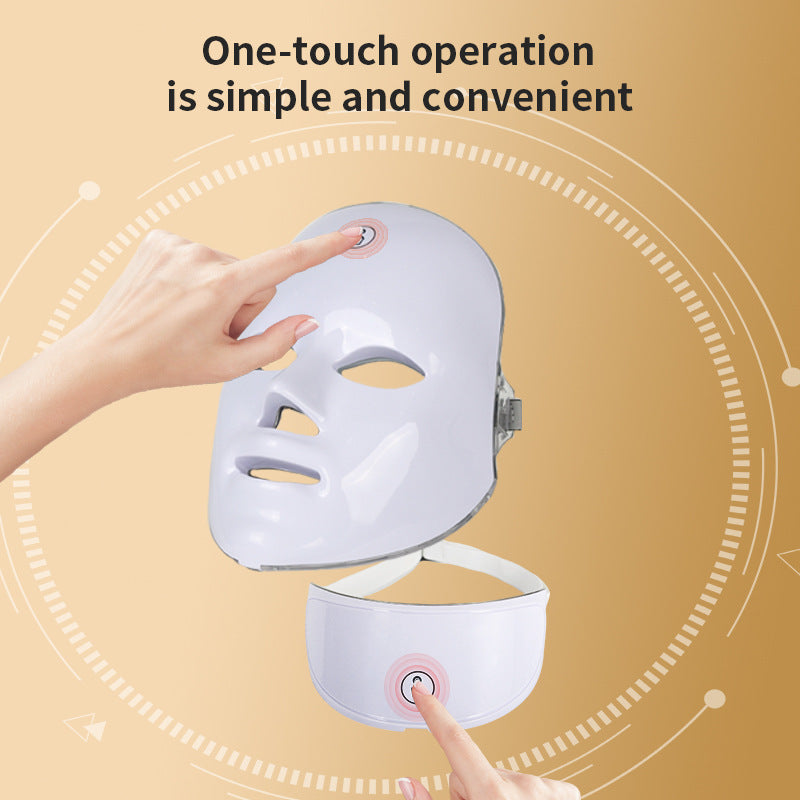 Hands pressing buttons on a white face mask and matching neck device