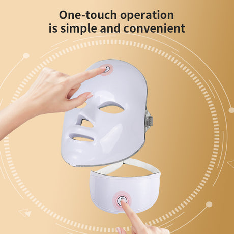 Hands pressing buttons on a white face mask and matching neck device