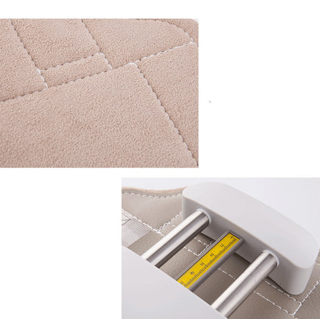 Close-ups of beige stitched padding and yellow measurement scale between metal rods