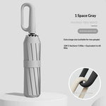 Closed folding umbrella with ring handle and close-up handle detail