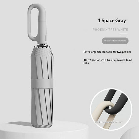 Closed folding umbrella with ring handle and close-up handle detail