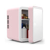 Pink skincare fridge with mirrored door ajar and cosmetics on shelves