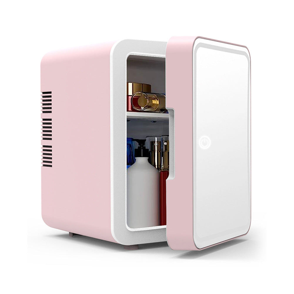 Pink skincare fridge with mirrored door ajar and cosmetics on shelves