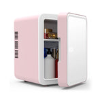 Pink skincare fridge with mirrored door ajar and cosmetics on shelves