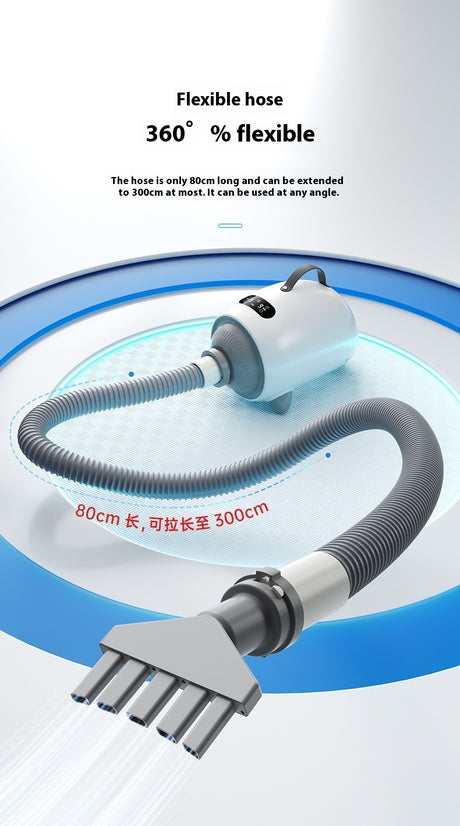 Pet hair dryer with extended grey hose and five-outlet nozzle diagram