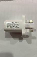 White power adapter with two rectangular pins and printed label