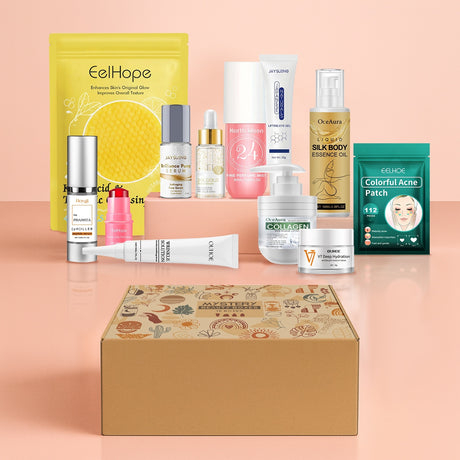 Assorted beauty products displayed above a printed mystery box