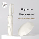 Closed folding umbrella beside an open umbrella canopy with ring handle