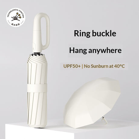 Closed folding umbrella beside an open umbrella canopy with ring handle