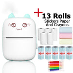 Blue mini printer with text: 13 rolls, stickers paper and crayons
