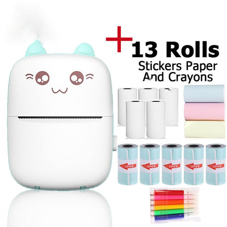 Blue mini printer with text: 13 rolls, stickers paper and crayons