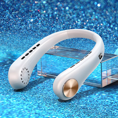 White rechargeable neck fan with gold side button on blue glitter surface
