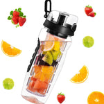 Fruit infuser water bottle with black lid, fruit-filled insert and surrounding fruit slices